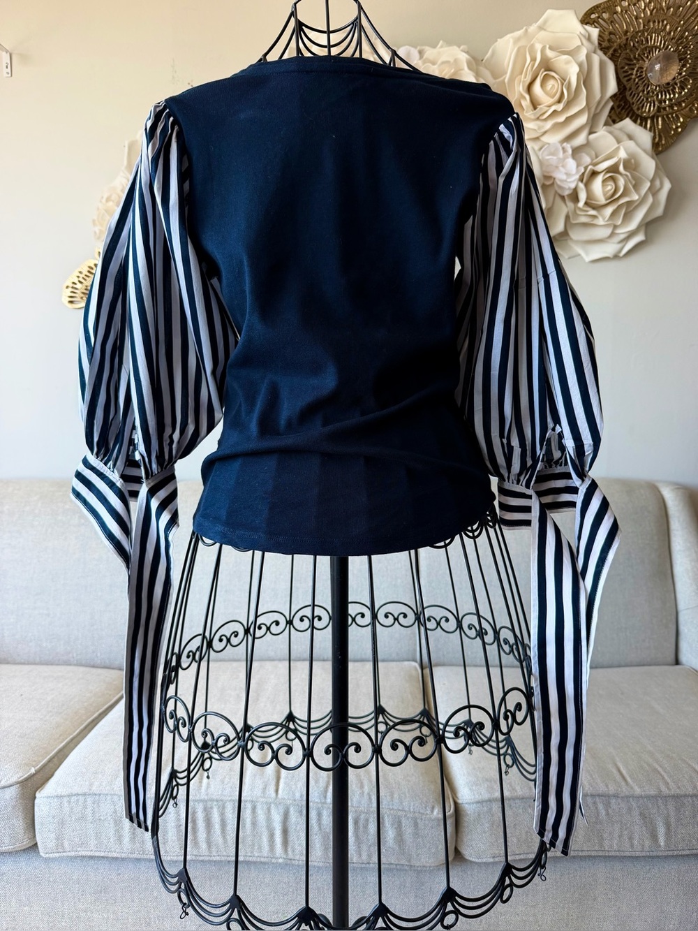 Women's Navy Tommy Hilfiger Top with Navy Blue & White Striped Balloon Sleeves